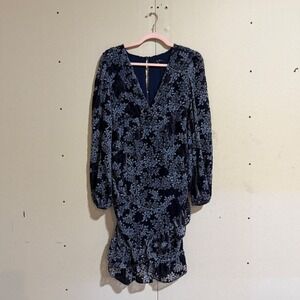 FORE Blue Floral Burnout Velvet Ruched Mini Dress Long Sleeve V-Neck Size M